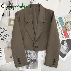 Cyflymder Cropped Blazers for Women New Korean Fashion Long Sleeve Button Up Suit Jacket Woman Elegant All Match Office