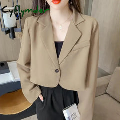 Cyflymder Cropped Blazers for Women New Korean Fashion Long Sleeve Button Up Suit Jacket Woman Elegant All Match Office