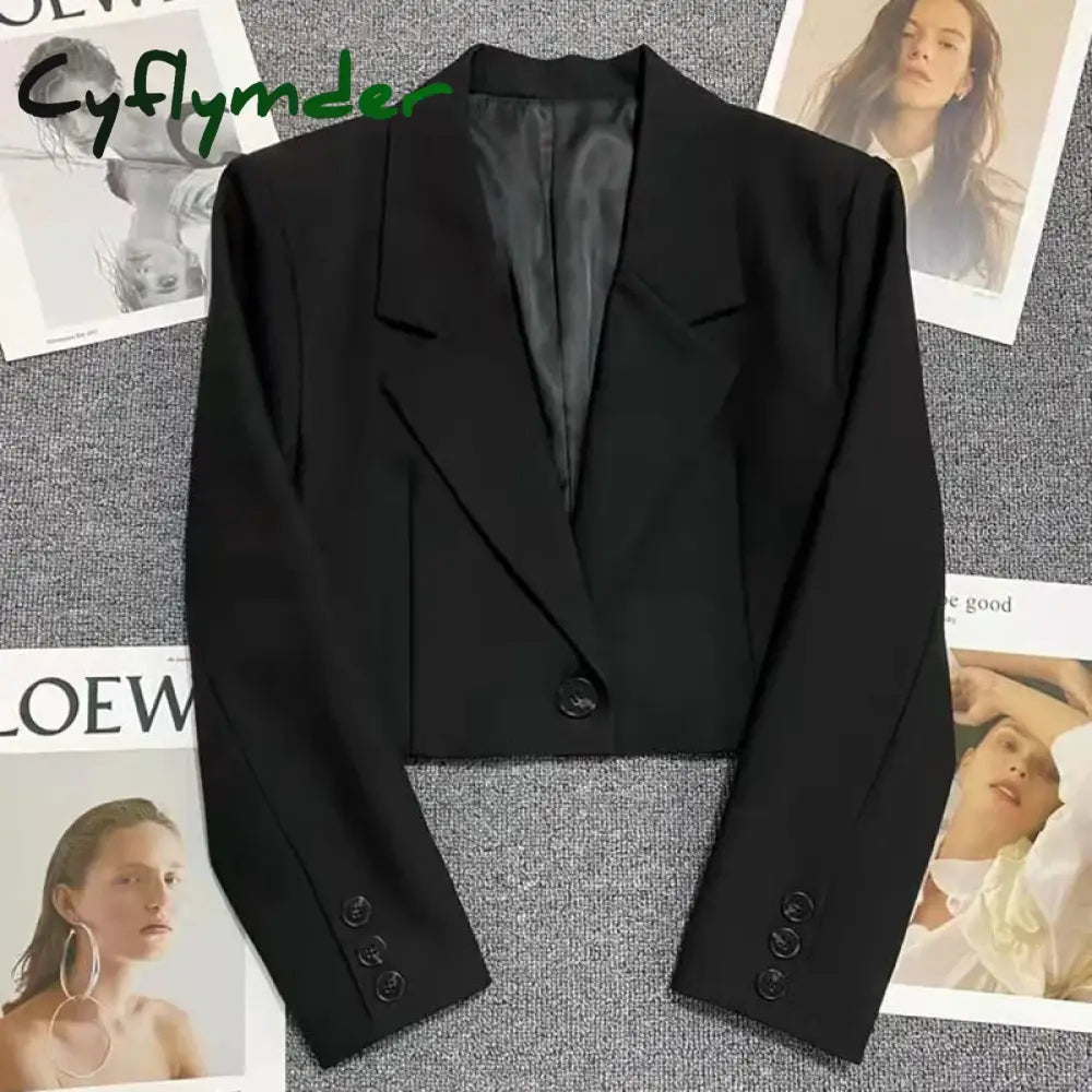 Cyflymder Cropped Blazers for Women New Korean Fashion Long Sleeve Button Up Suit Jacket Woman Elegant All Match Office