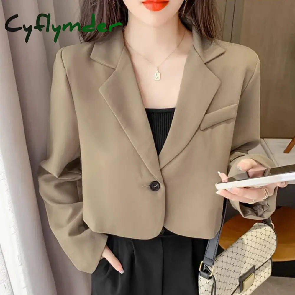 Cyflymder Cropped Blazers for Women New Korean Fashion Long Sleeve Button Up Suit Jacket Woman Elegant All Match Office