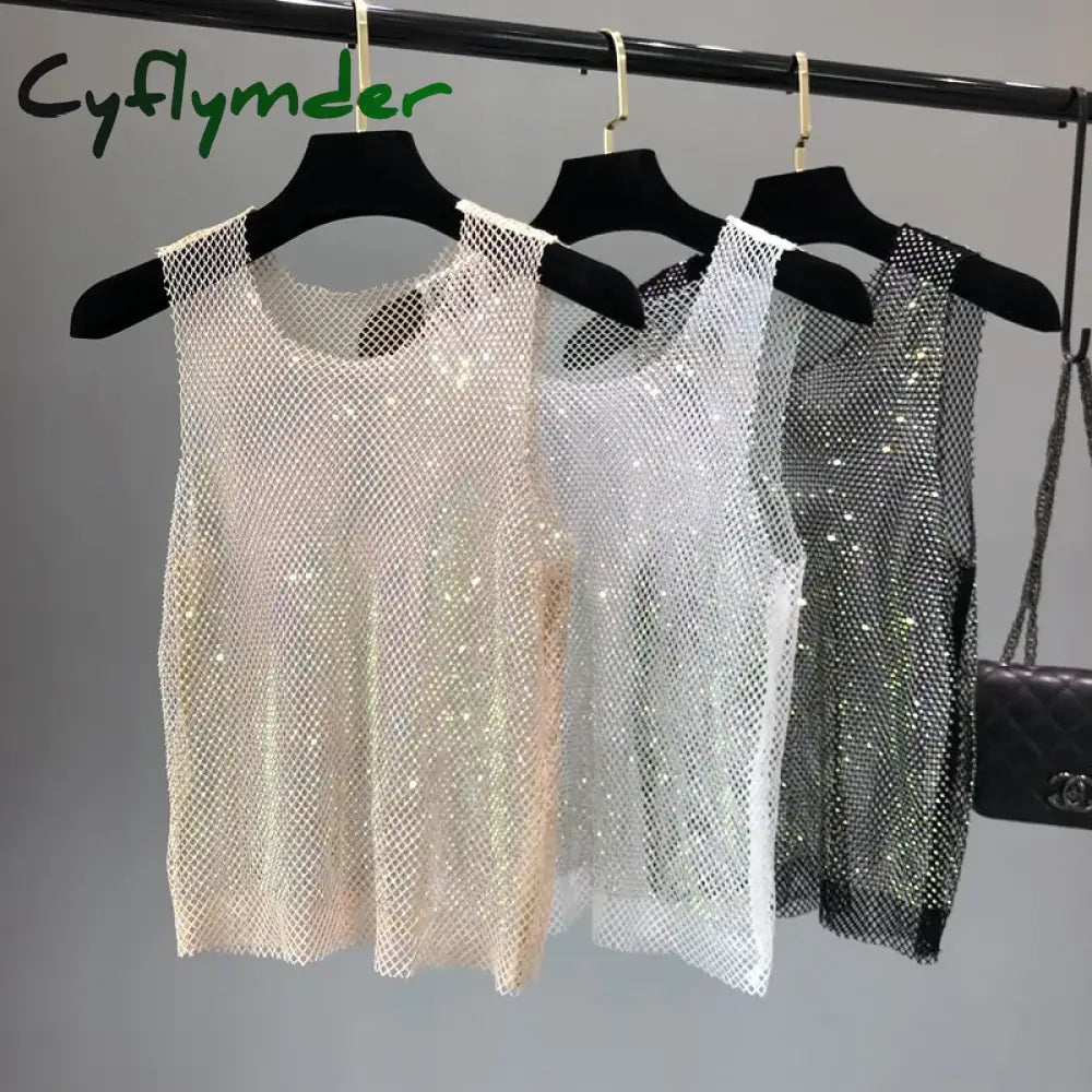 Cyflymder Crystal Beading Shiny Tanks Party Club Sexy Hollow Out Diamonds Stamping Camis Winky