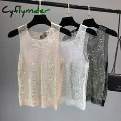 Cyflymder Crystal Beading Shiny Tanks Party Club Sexy Hollow Out Diamonds Stamping Camis Winky