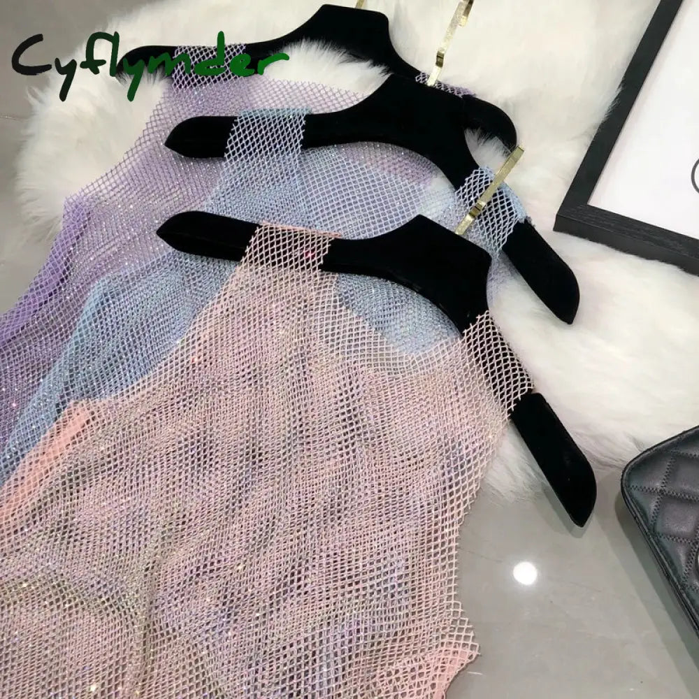 Cyflymder Crystal Beading Shiny Tanks Party Club Sexy Hollow Out Diamonds Stamping Camis Winky