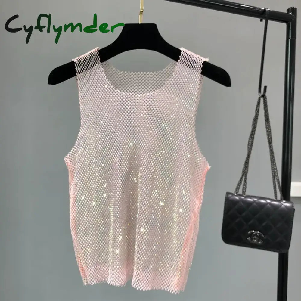 Cyflymder Crystal Beading Shiny Tanks Party Club Sexy Hollow Out Diamonds Stamping Camis Winky