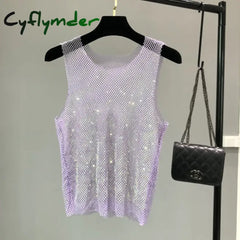 Cyflymder Crystal Beading Shiny Tanks Party Club Sexy Hollow Out Diamonds Stamping Camis Winky