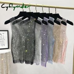 Crystal Beading Shiny Tanks Party Club Sexy Hollow Out Diamonds Stamping Camis Winky Sleeveless Vest