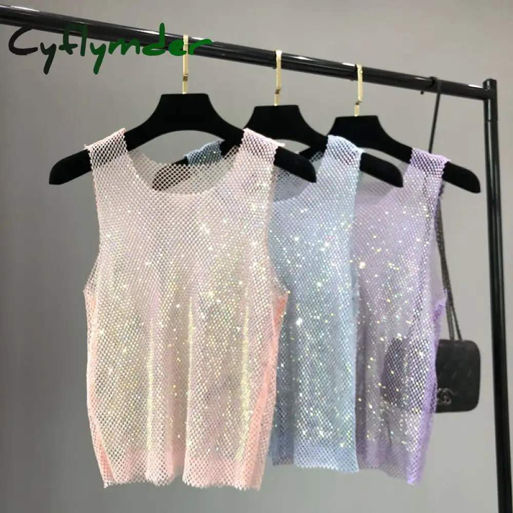 Cyflymder Crystal Beading Shiny Tanks Party Club Sexy Hollow Out Diamonds Stamping Camis Winky