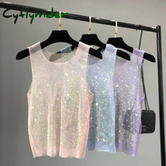 Cyflymder Crystal Beading Shiny Tanks Party Club Sexy Hollow Out Diamonds Stamping Camis Winky