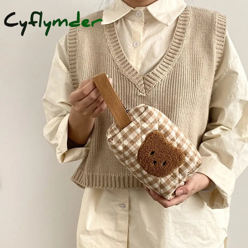 Cyflymder Cute Bear Makeup Bag Large Capacity Portable Cosmetic Bags Zipper Pure Cotton Plaid