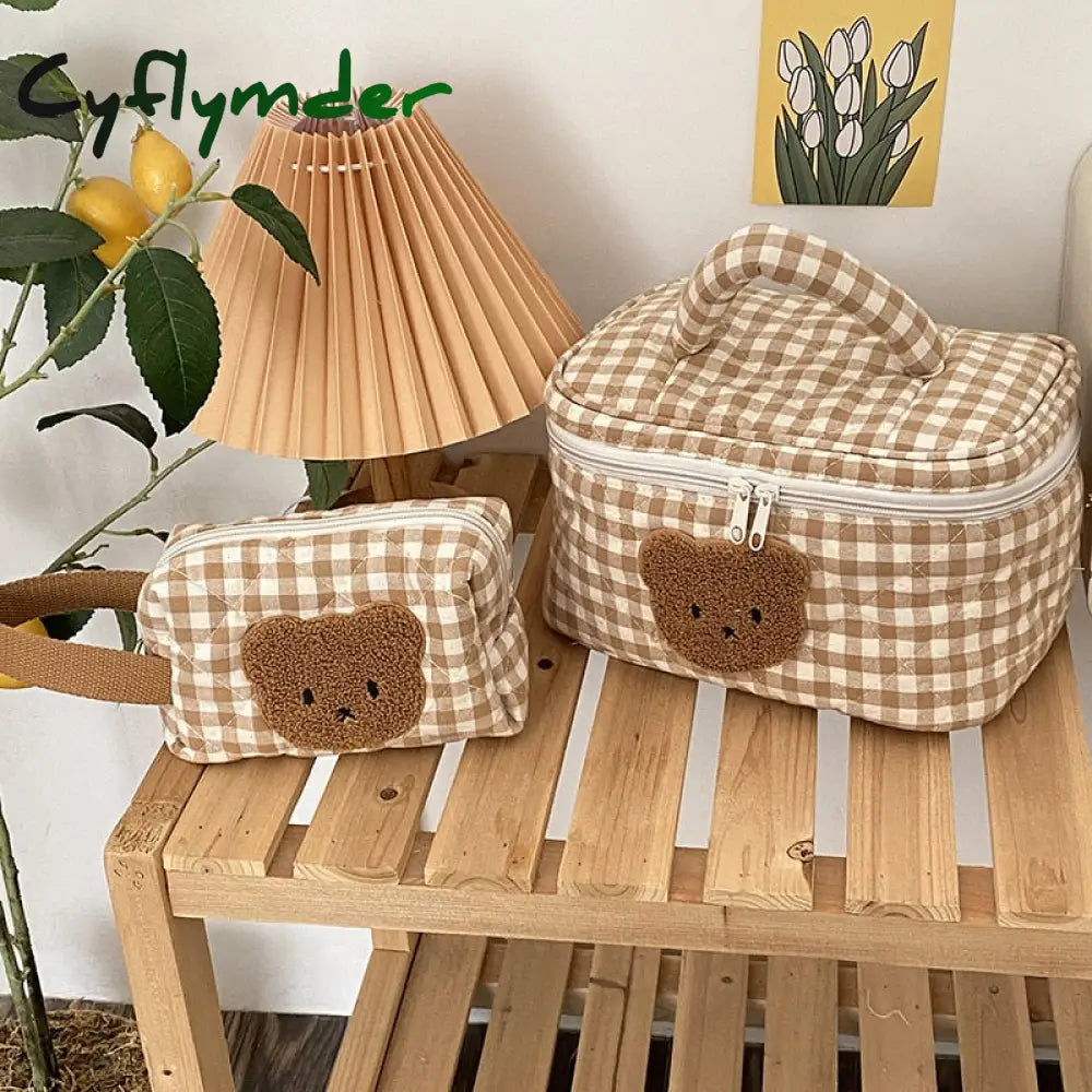 Cyflymder Cute Bear Makeup Bag Large Capacity Portable Cosmetic Bags Zipper Pure Cotton Plaid