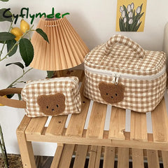 Cyflymder Cute Bear Makeup Bag Large Capacity Portable Cosmetic Bags Zipper Pure Cotton Plaid