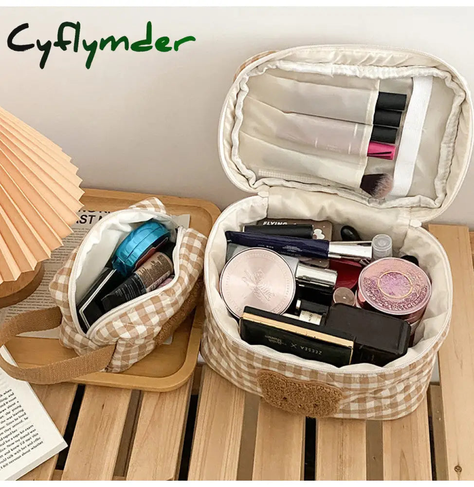 Cyflymder Cute Bear Makeup Bag Large Capacity Portable Cosmetic Bags Zipper Pure Cotton Plaid