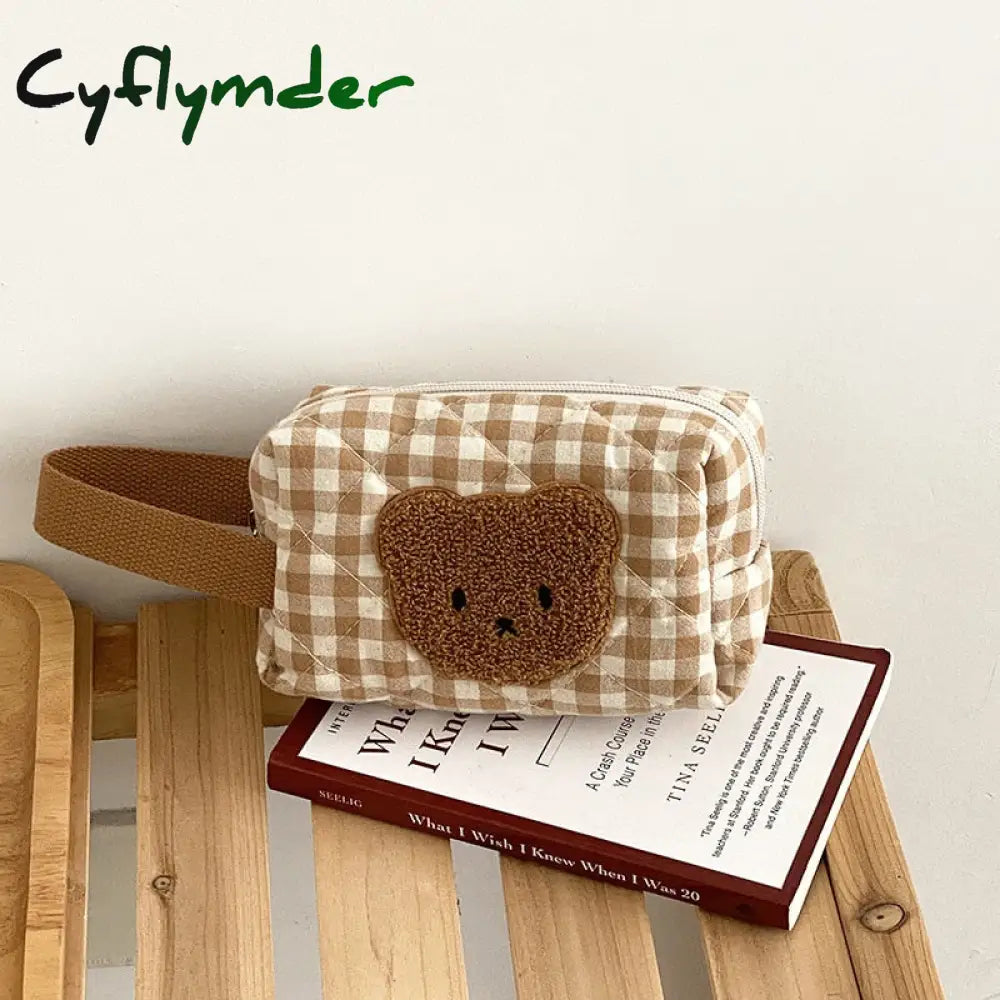 Cyflymder Cute Bear Makeup Bag Large Capacity Portable Cosmetic Bags Zipper Pure Cotton Plaid