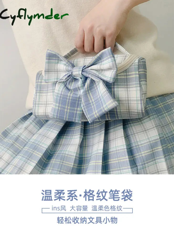 Cyflymder Cute Canvas School Pencil Cases Striped Lattice Bow Kawaii Bag Jk Pen Pouch Pensil Case