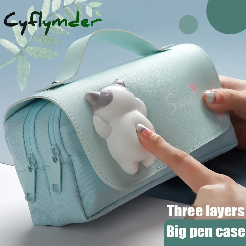 Cyflymder Cute Cat Decompression Pencil Case Big Box Portable Girls Pen Bag Double Layer School