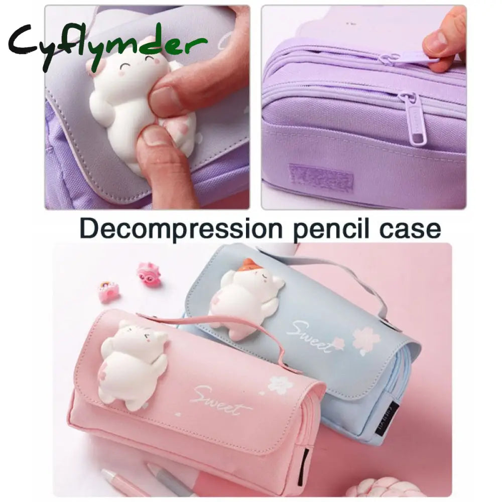 Cyflymder Cute Cat Decompression Pencil Case Big Box Portable Girls Pen Bag Double Layer School