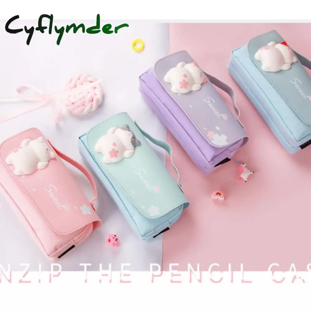 Cyflymder Cute Cat Decompression Pencil Case Big Box Portable Girls Pen Bag Double Layer School