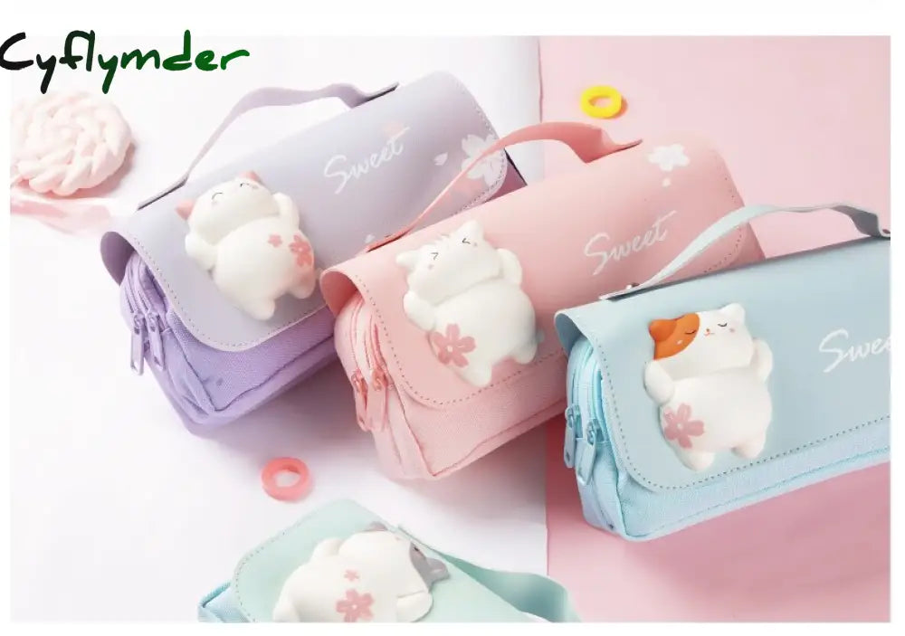 Cyflymder Cute Cat Decompression Pencil Case Big Box Portable Girls Pen Bag Double Layer School