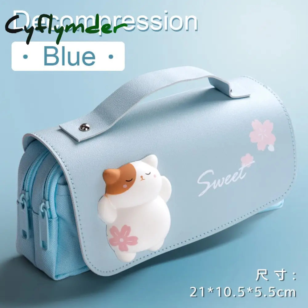 Cyflymder Cute Cat Decompression Pencil Case Big Box Portable Girls Pen Bag Double Layer School