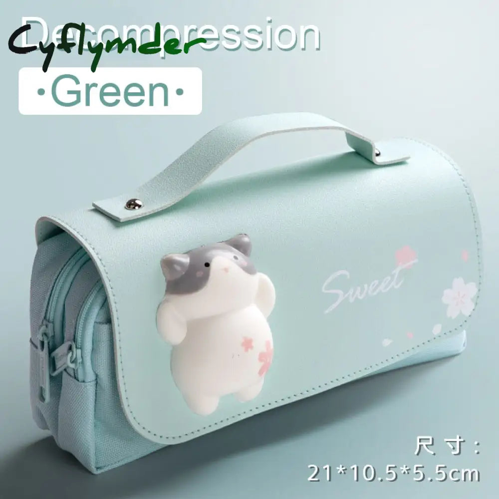 Cyflymder Cute Cat Decompression Pencil Case Big Box Portable Girls Pen Bag Double Layer School