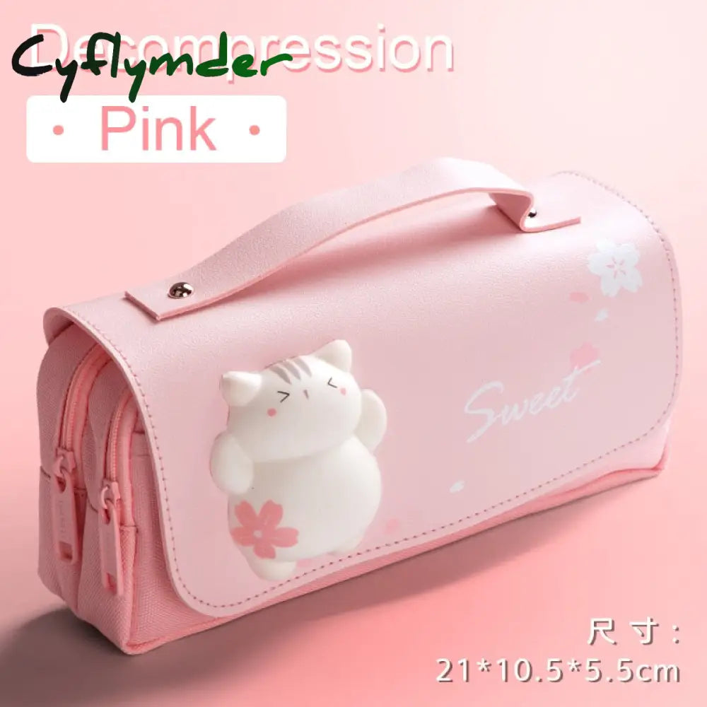 Cyflymder Cute Cat Decompression Pencil Case Big Box Portable Girls Pen Bag Double Layer School