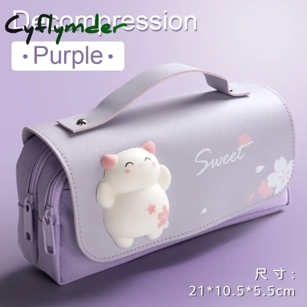 Cyflymder Cute Cat Decompression Pencil Case Big Box Portable Girls Pen Bag Double Layer School