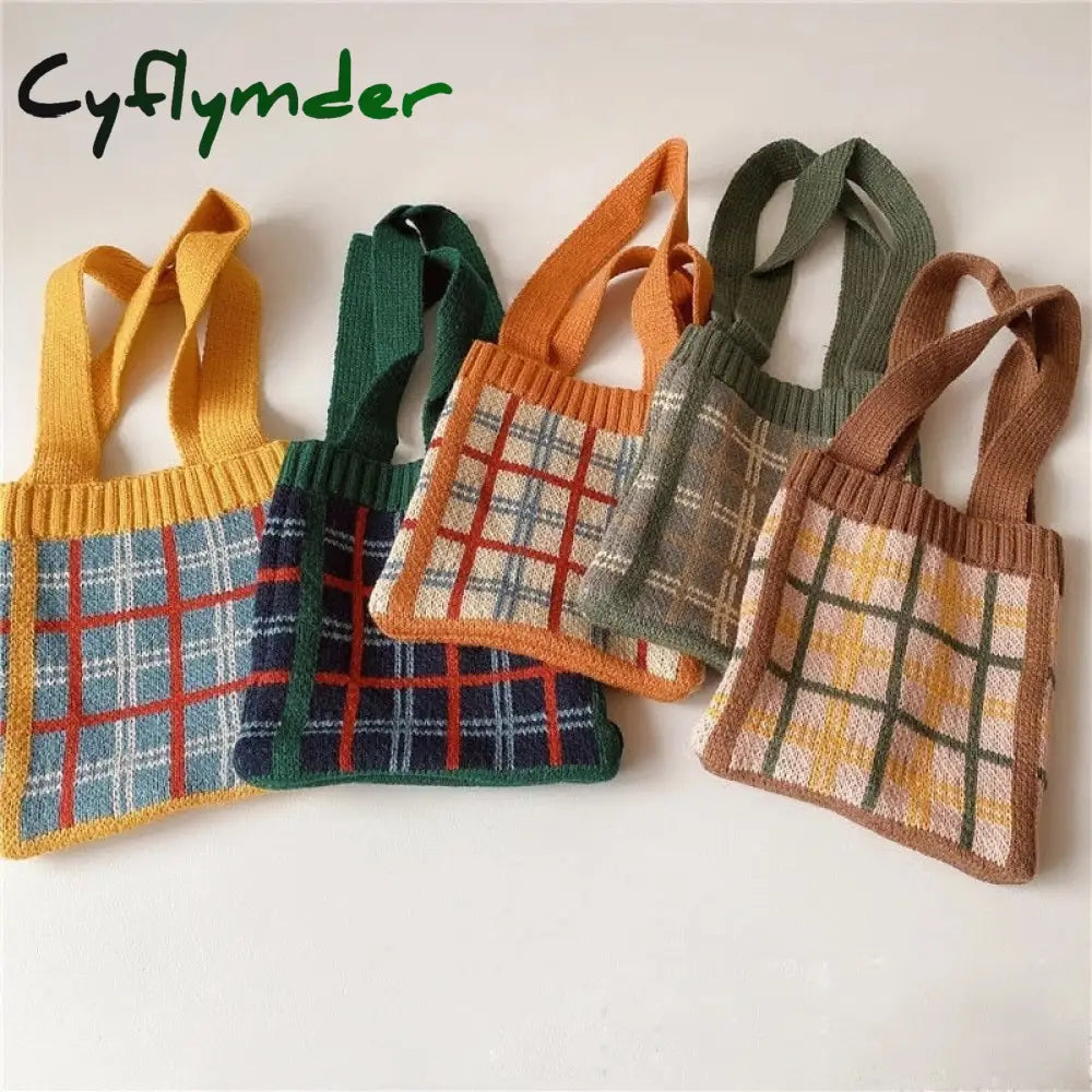 Cyflymder Cute Children Knitted Woolen Shoulder Bags Lovely Cherry Plaid Baby Kids Small Purse