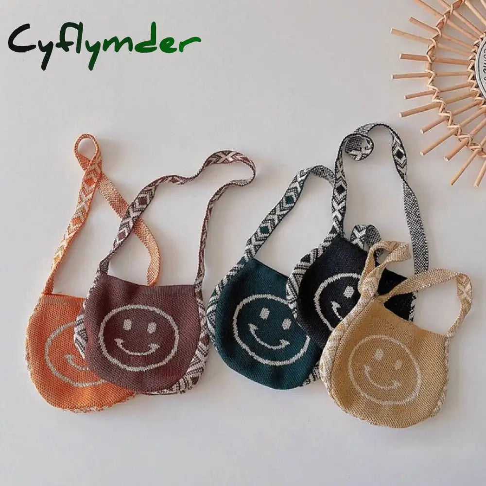 Cyflymder Cute Children Knitted Woolen Shoulder Bags Lovely Cherry Plaid Baby Kids Small Purse