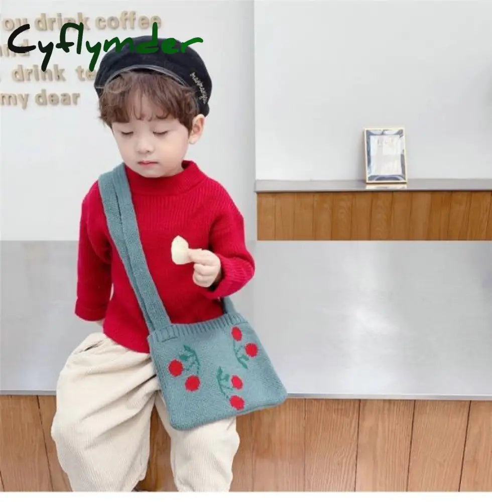 Cyflymder Cute Children Knitted Woolen Shoulder Bags Lovely Cherry Plaid Baby Kids Small Purse