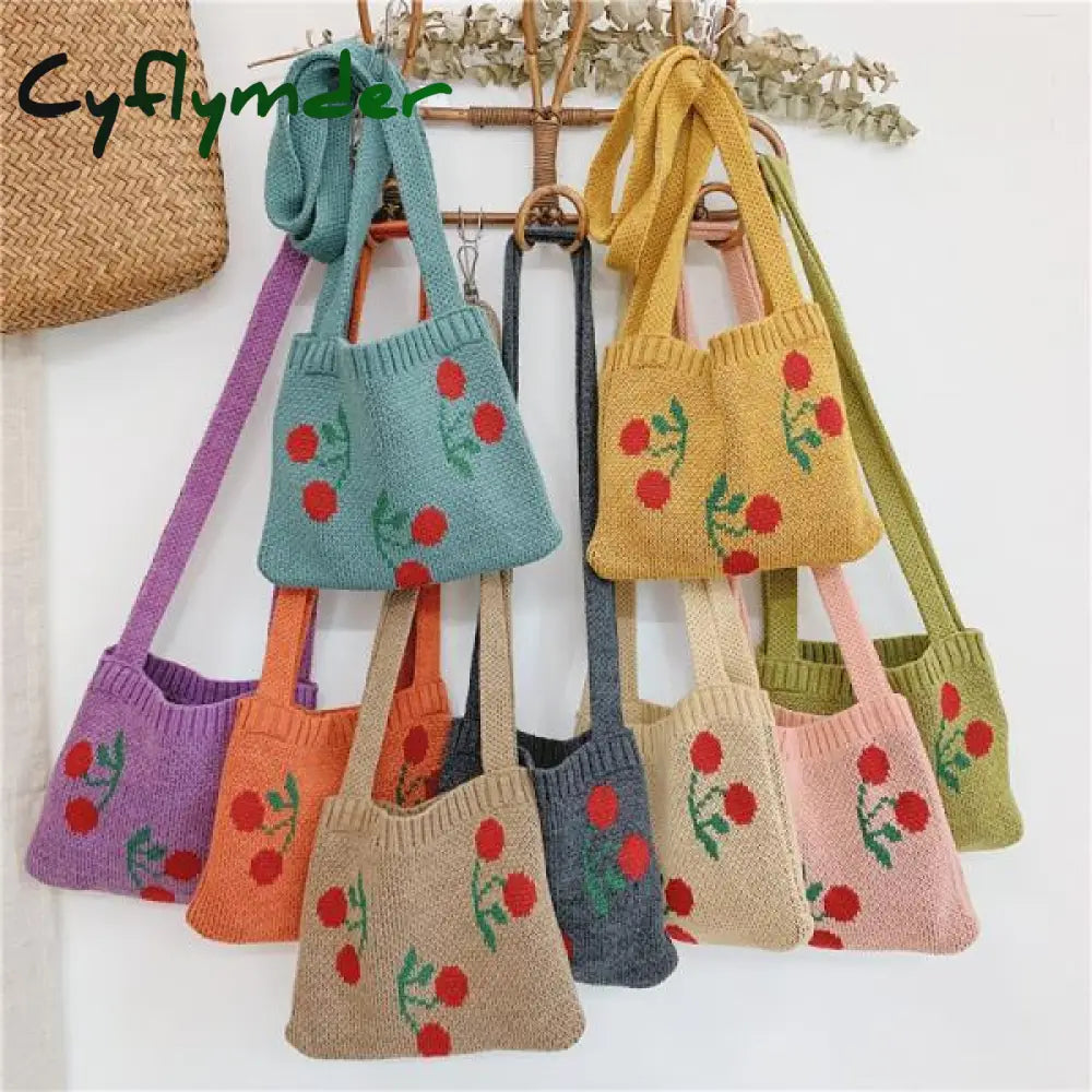 Cyflymder Cute Children Knitted Woolen Shoulder Bags Lovely Cherry Plaid Baby Kids Small Purse