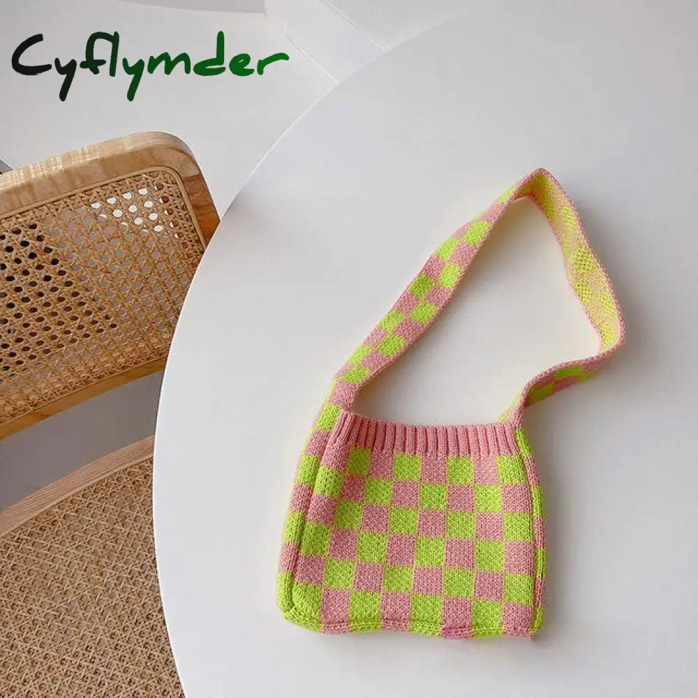 Cyflymder Cute Children Knitted Woolen Shoulder Bags Lovely Cherry Plaid Baby Kids Small Purse