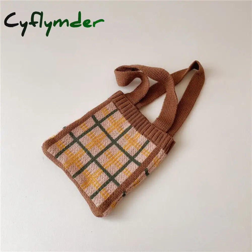Cyflymder Cute Children Knitted Woolen Shoulder Bags Lovely Cherry Plaid Baby Kids Small Purse