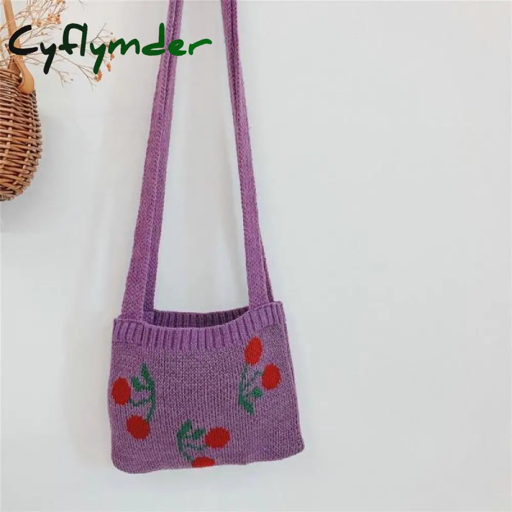 Cyflymder Cute Children Knitted Woolen Shoulder Bags Lovely Cherry Plaid Baby Kids Small Purse