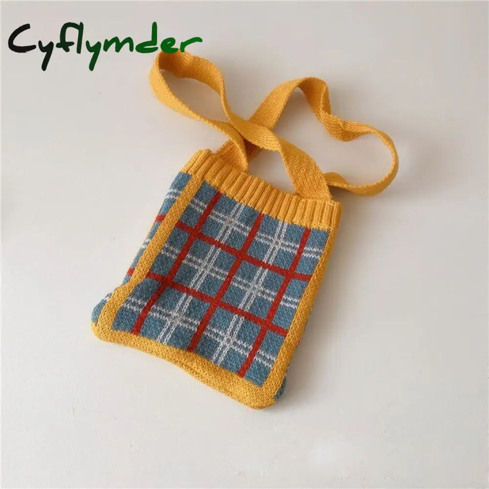 Cyflymder Cute Children Knitted Woolen Shoulder Bags Lovely Cherry Plaid Baby Kids Small Purse