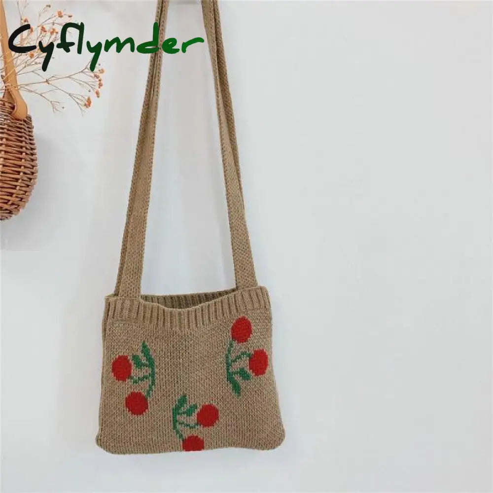 Cyflymder Cute Children Knitted Woolen Shoulder Bags Lovely Cherry Plaid Baby Kids Small Purse
