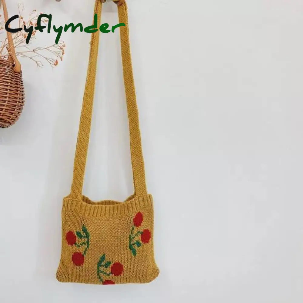 Cyflymder Cute Children Knitted Woolen Shoulder Bags Lovely Cherry Plaid Baby Kids Small Purse