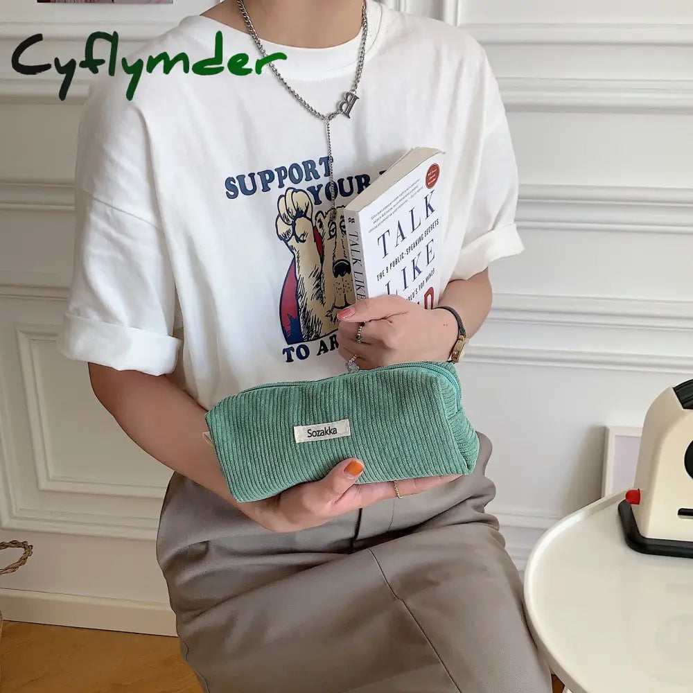 Cyflymder Cute Corduroy Pencil Cases Travel Cosmetic Lipstick Purse Storage Bag Student Handbags