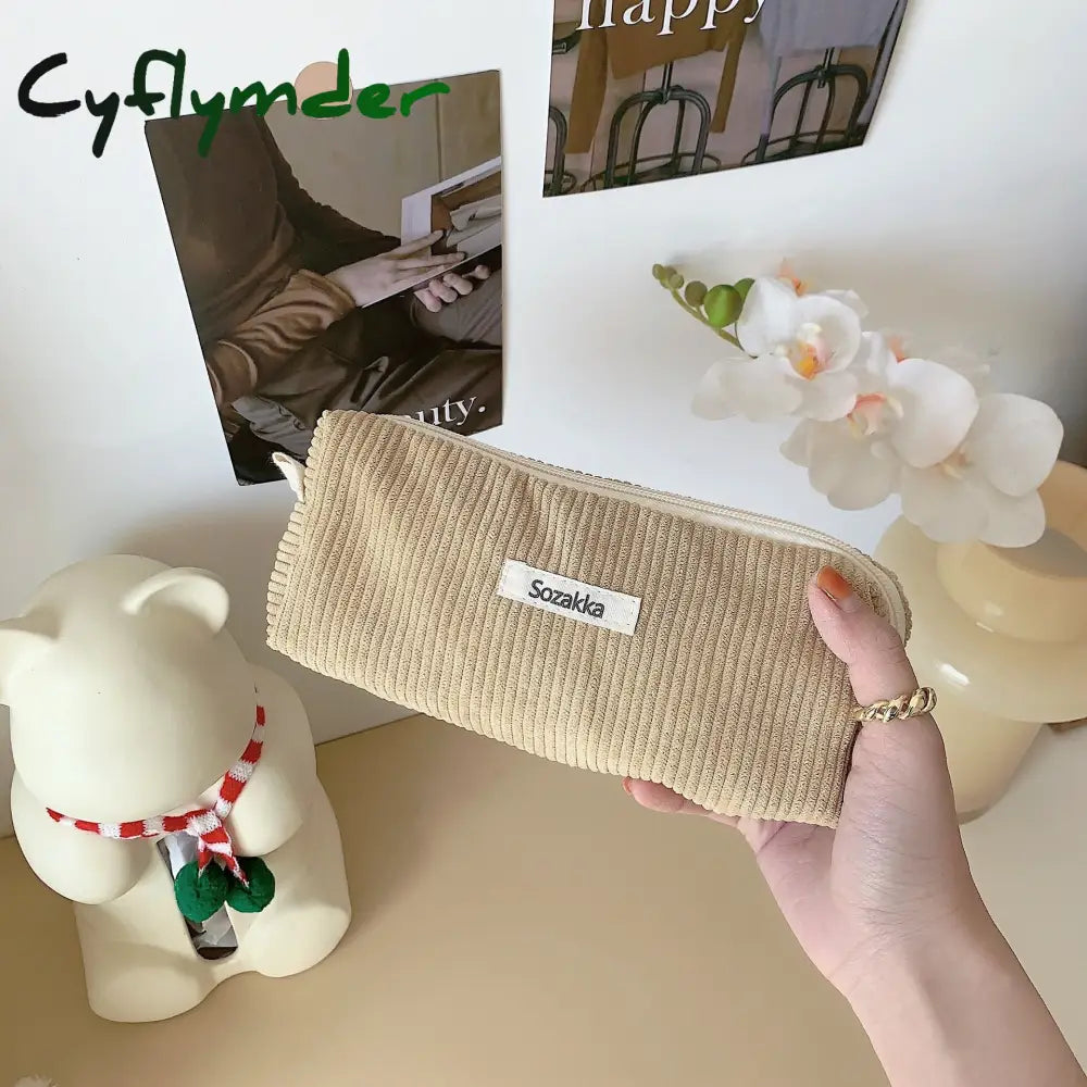 Cyflymder Cute Corduroy Pencil Cases Travel Cosmetic Lipstick Purse Storage Bag Student Handbags