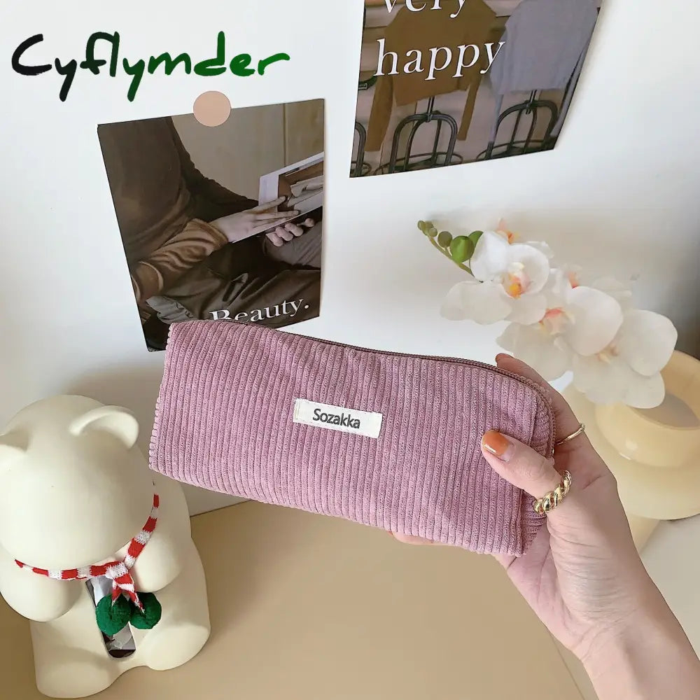 Cyflymder Cute Corduroy Pencil Cases Travel Cosmetic Lipstick Purse Storage Bag Student Handbags