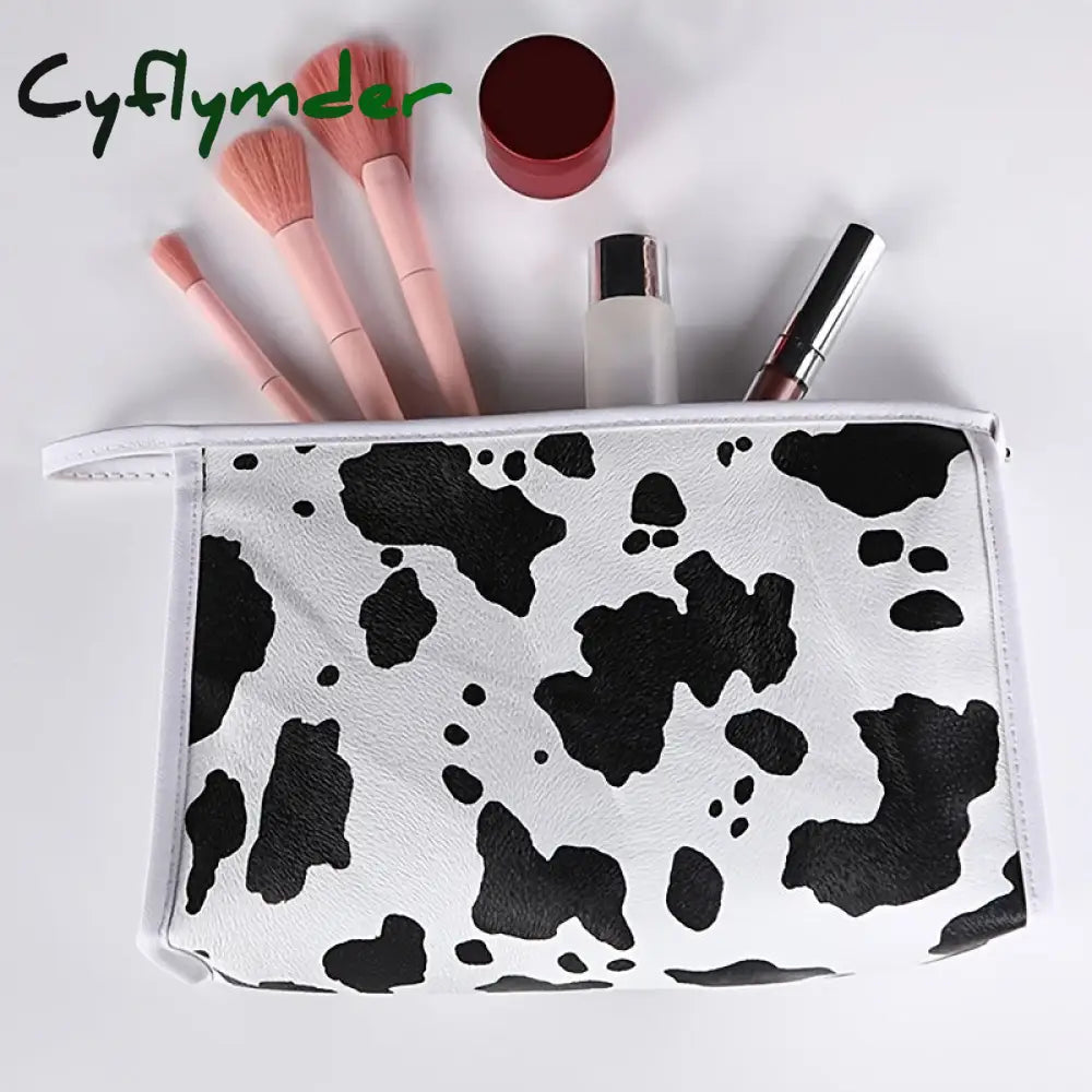 Cyflymder Cute Cow Printed Makeup Bag With Large Capacity And Zipper Closure - Perfect For