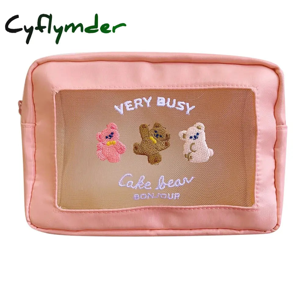 Cyflymder Cute Embroidery Pencil Case Girl Bear Large Capacity Pen Pouch Ins Kawaii Makeup Storage