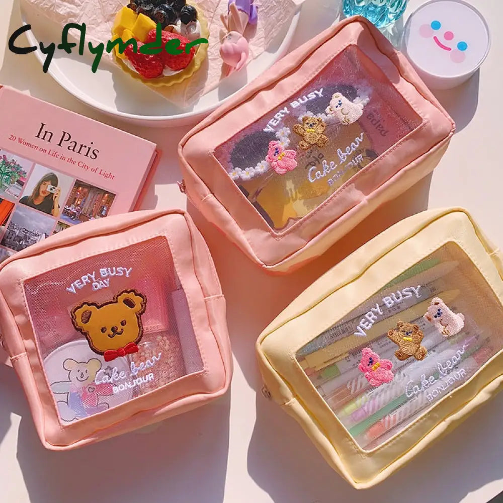 Cyflymder Cute Embroidery Pencil Case Girl Bear Large Capacity Pen Pouch Ins Kawaii Makeup Storage