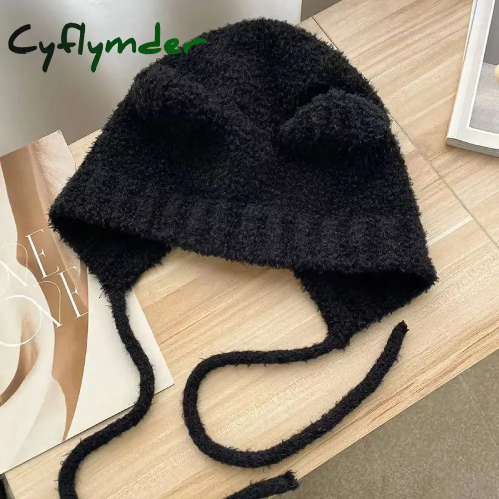 Cyflymder Cute Girl Knit Ear Protection Hat Bear Women Earmuffs Cap Woolen Crochet Bonnet Solid Color Hood Beanies