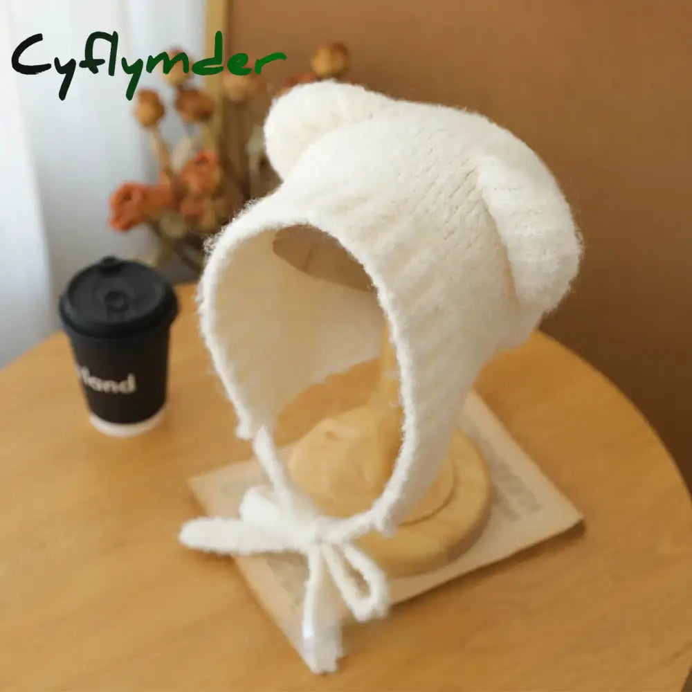 Cyflymder Cute Girl Knit Ear Protection Hat Bear Women Earmuffs Cap Woolen Crochet Bonnet Solid Color Hood Beanies