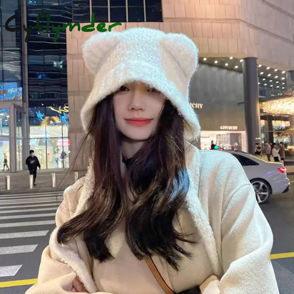 Cyflymder Cute Girl Knit Ear Protection Hat Bear Women Earmuffs Cap Woolen Crochet Bonnet Solid Color Hood Beanies