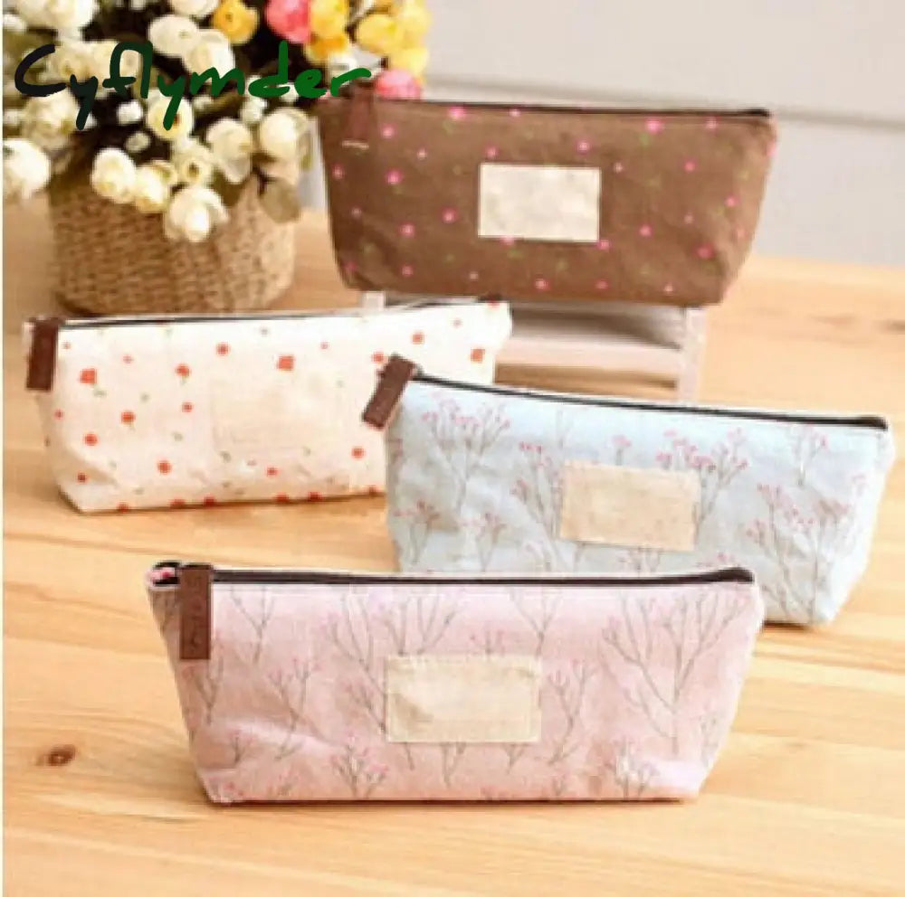 Cyflymder Cute Kawaii Floral Flower Canvas Zipper Pencil Cases Lovely Fabric Tree Pen Bags School