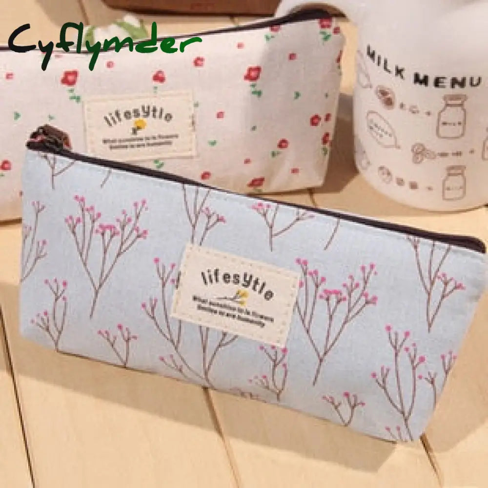 Cyflymder Cute Kawaii Floral Flower Canvas Zipper Pencil Cases Lovely Fabric Tree Pen Bags School