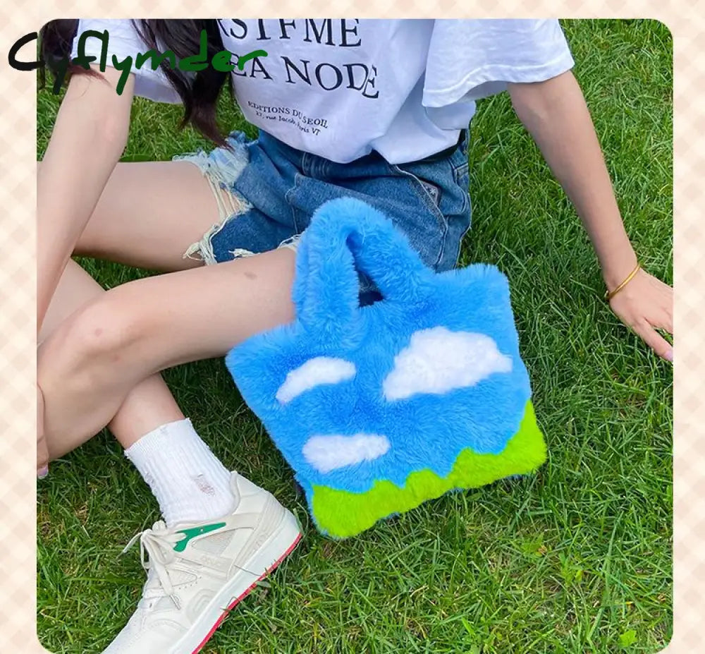 Cyflymder Cute Soft Plush Women’s Shoulder Bag Cartoon Sky Clouds Female Girls Small Tote