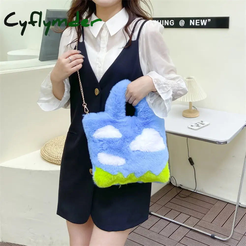 Cyflymder Cute Soft Plush Women’s Shoulder Bag Cartoon Sky Clouds Female Girls Small Tote