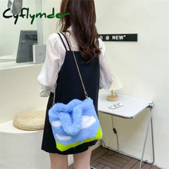 Cyflymder Cute Soft Plush Women’s Shoulder Bag Cartoon Sky Clouds Female Girls Small Tote